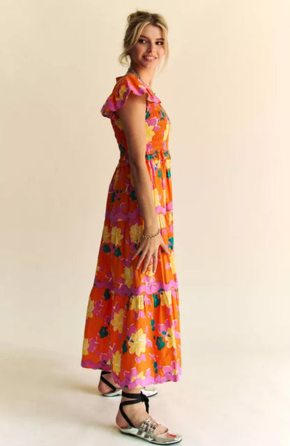 Olathe Orange Floral Smocked Midi Dress