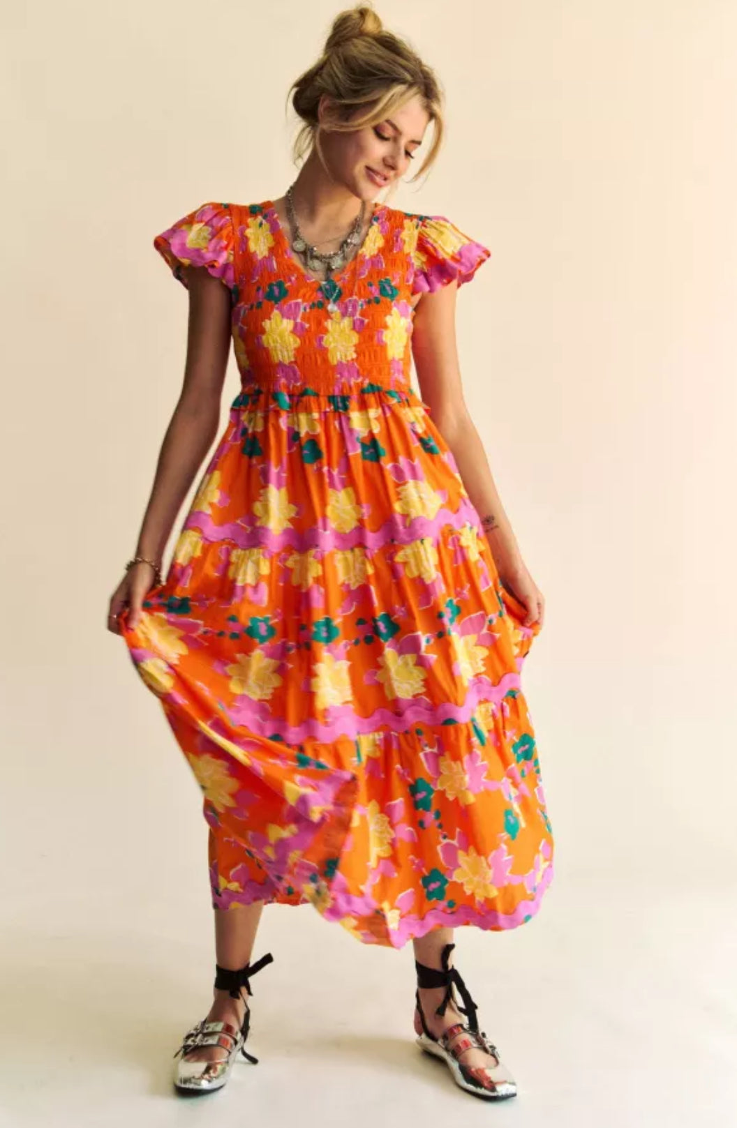 Olathe Orange Floral Smocked Midi Dress