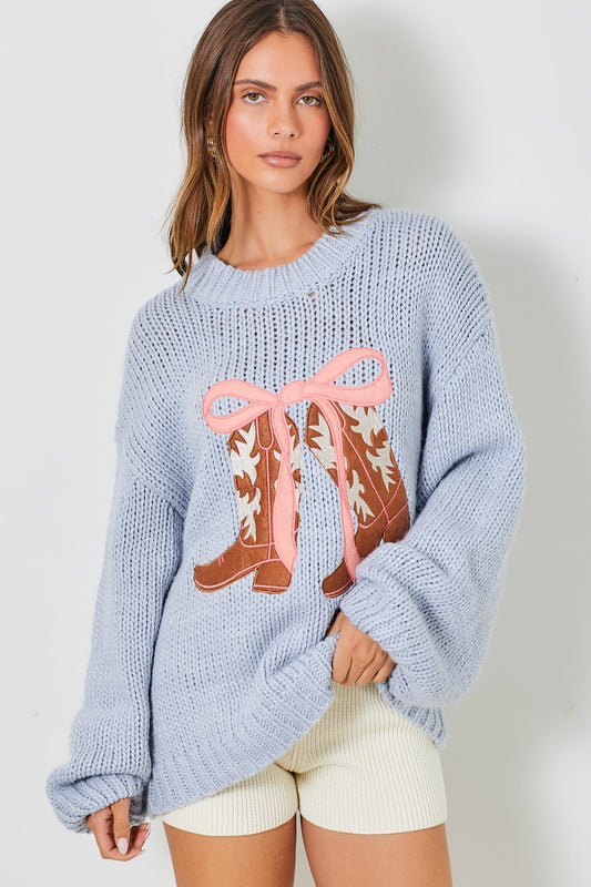 Baby Blue Boots & Bow Embroidered Sweater