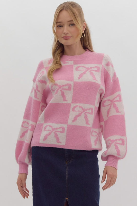 Pink Colorblock Bow Balloon Sleeve Sweater