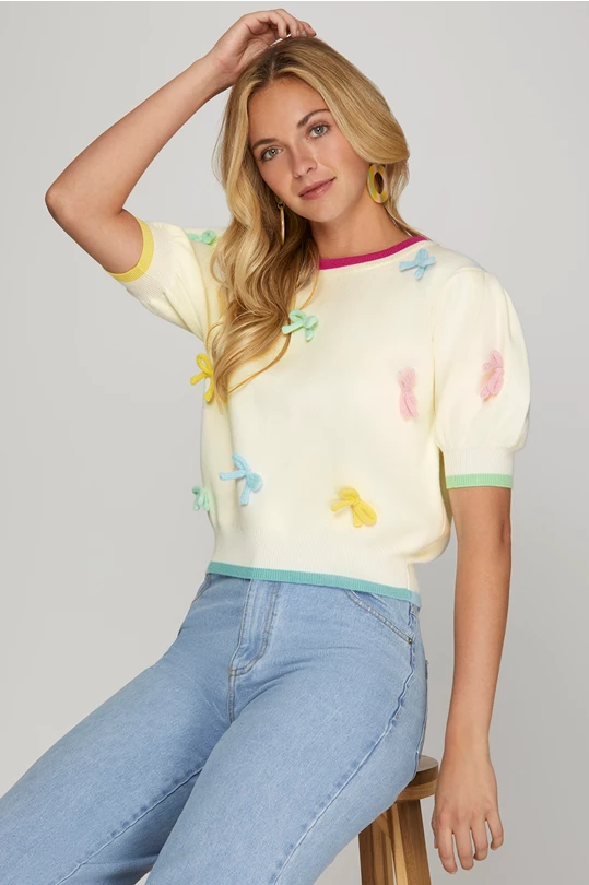 Cream Puff Short Sleeve Multicolor Bow Sweater