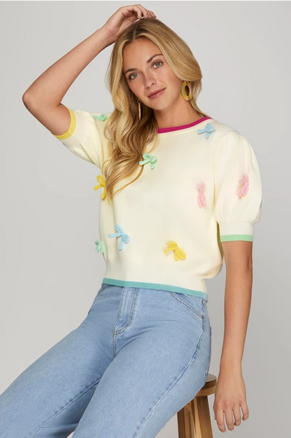 Cream Puff Short Sleeve Multicolor Bow Sweater