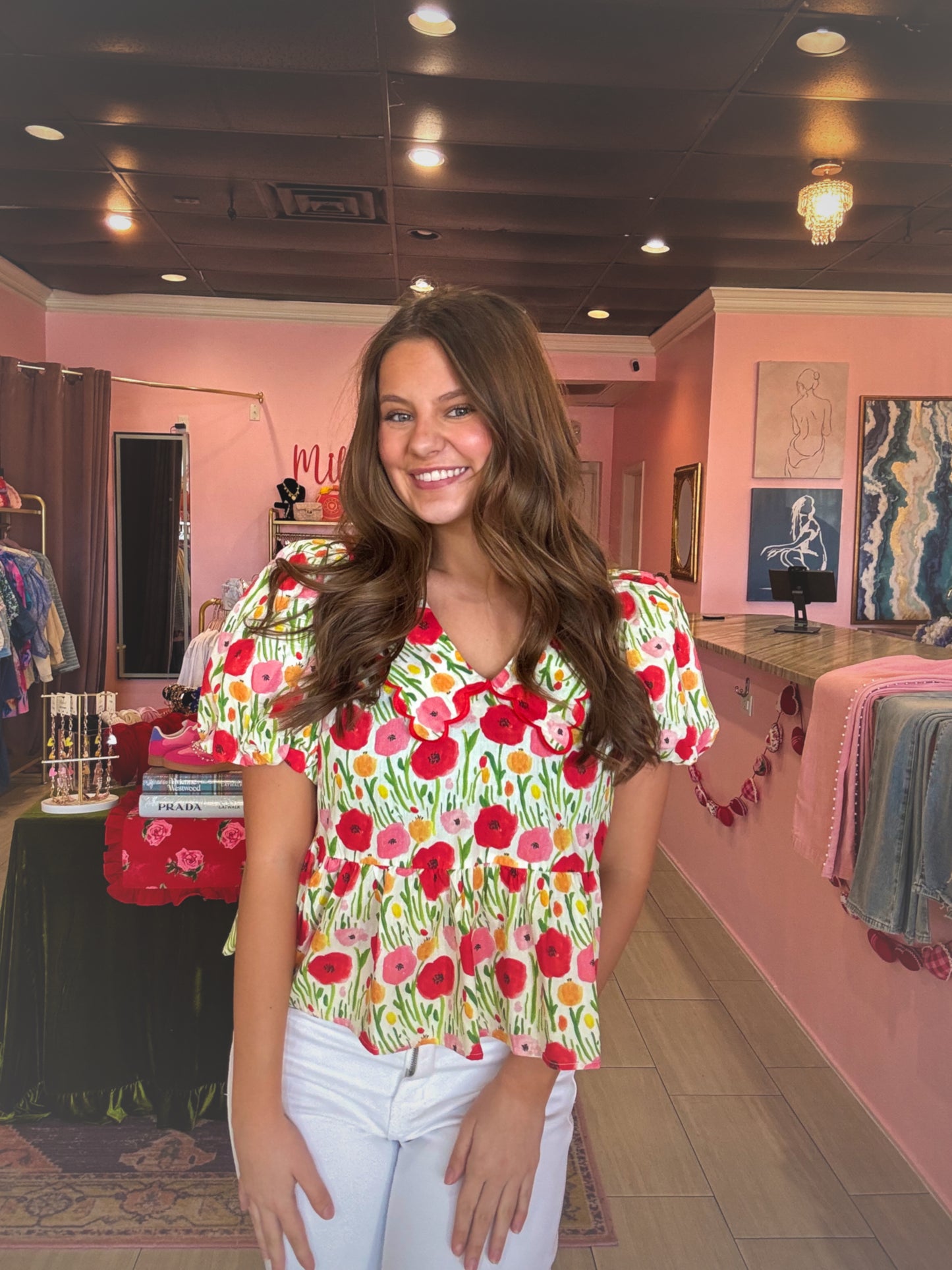 Cheerful Cherry Red Scallop Collar Floral Top