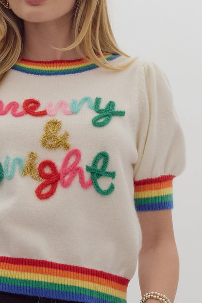 Merry & Bright Rainbow Band Short Sleeve Sweater