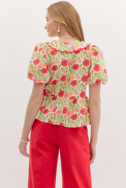 Cheerful Cherry Red Scallop Collar Floral Top