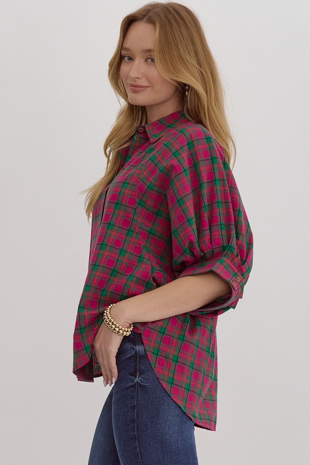 Magenta Oversized Plaid Button Down Top