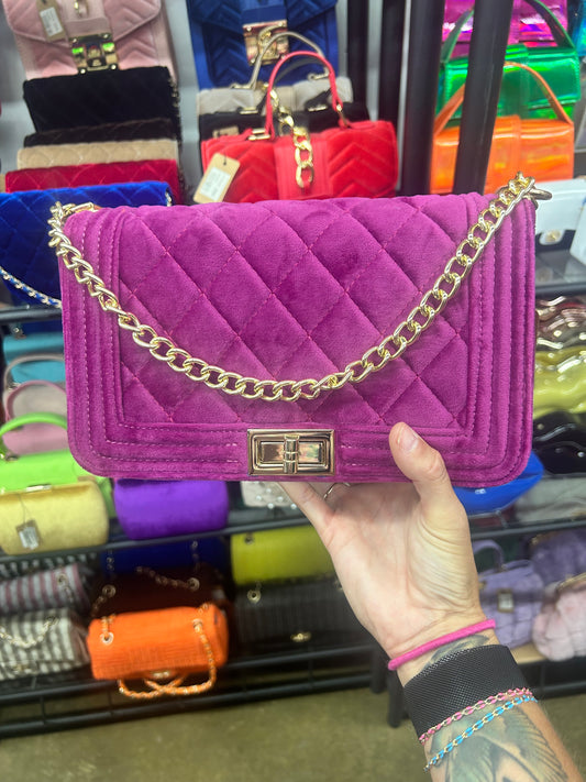 Perfectly Plum Velvet Quilted Crossbody Handbag