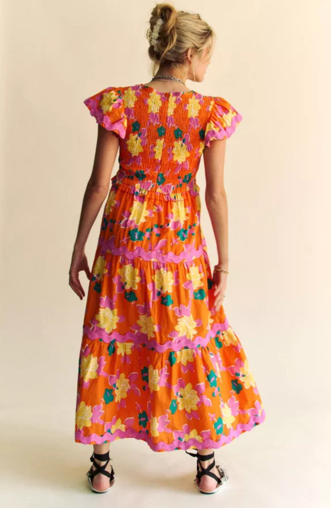 Olathe Orange Floral Smocked Midi Dress