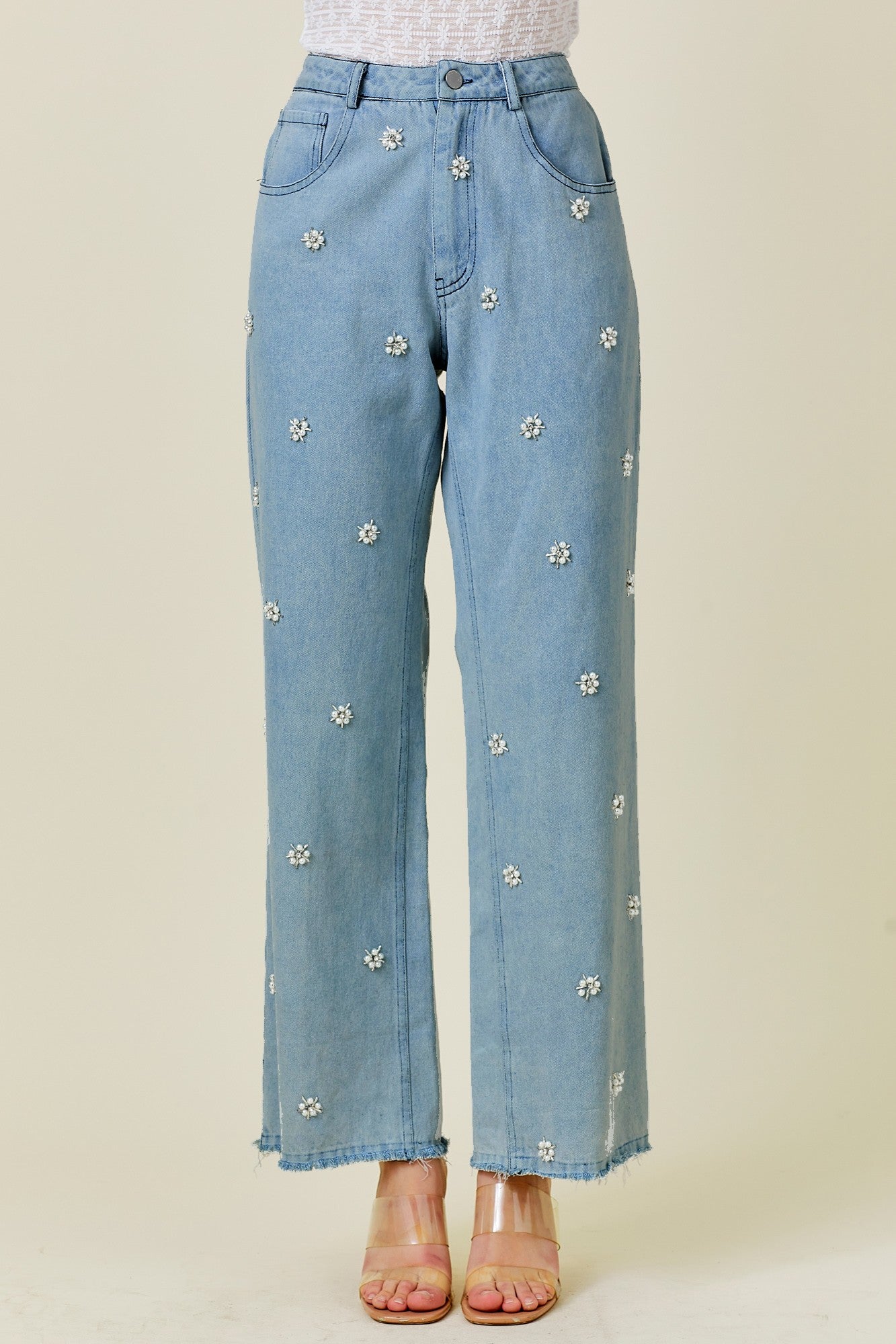 Flower Pearl Light Wash Wide Leg Denim Pants