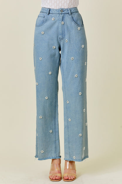 Flower Pearl Light Wash Wide Leg Denim Pants