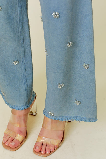 Flower Pearl Light Wash Wide Leg Denim Pants