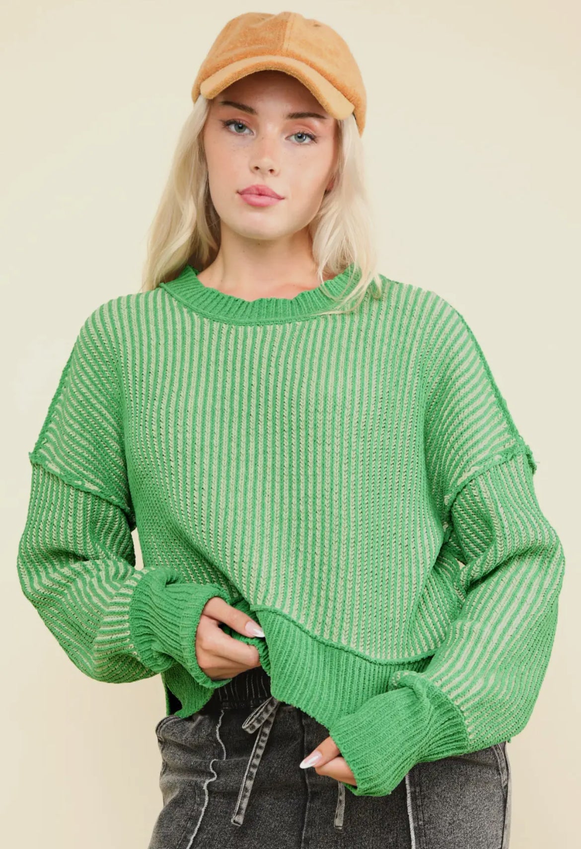 Two Tone Ribbed Crop Sweater: Green