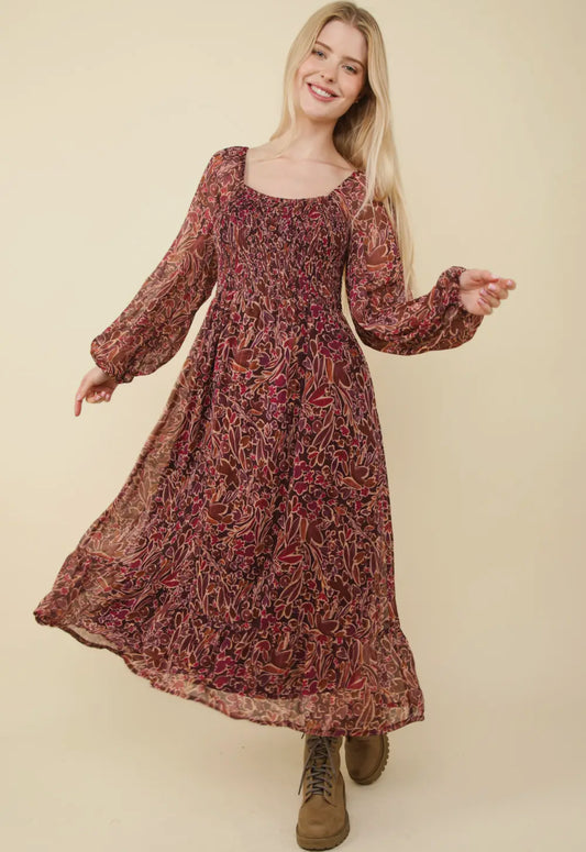 Burgundy Metallic Sheer Long Sleeve Floral Midi Dress