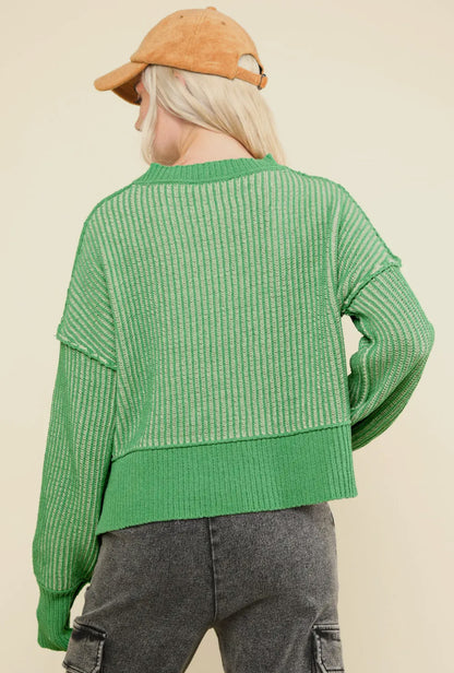 Two Tone Ribbed Crop Sweater: Green