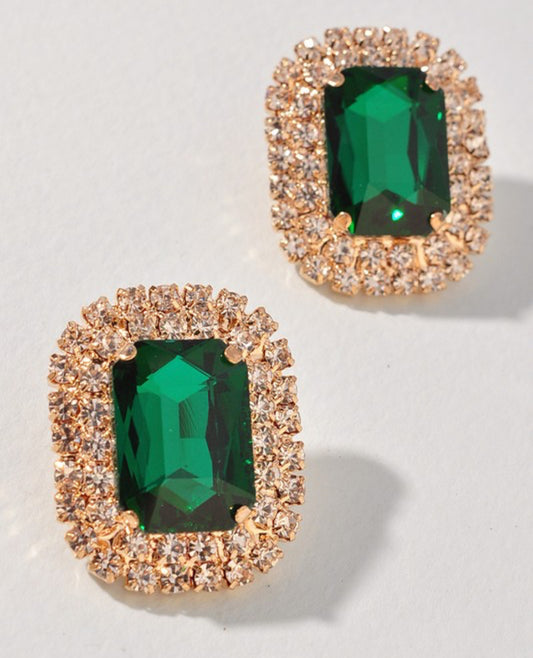 Make a Statement Large Rhinestone Stud Earrings - Emerald