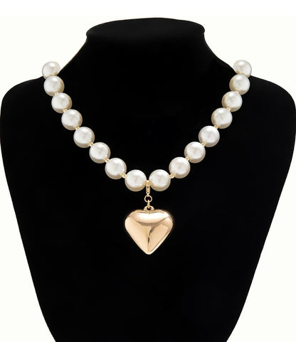 Chunky Pearl Heart Charm Necklace