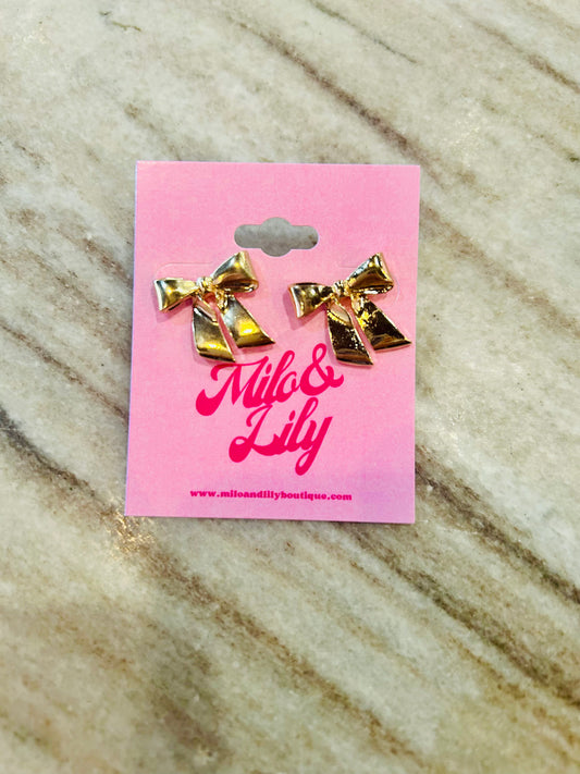 Gold Ribbon Bow Stud Earrings