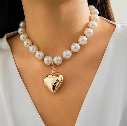 Chunky Pearl Heart Charm Necklace