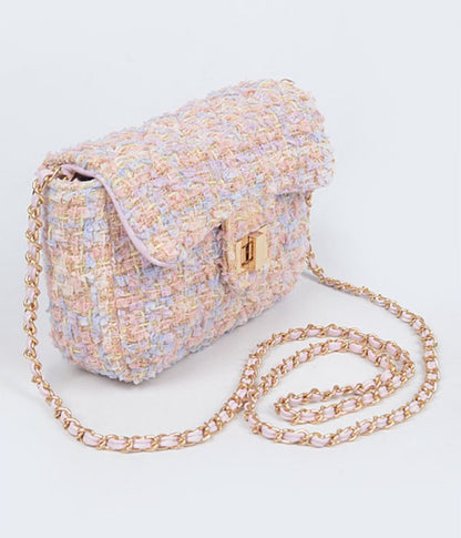 Pink Twill Small Crossbody Bag with Gold Chain Strap