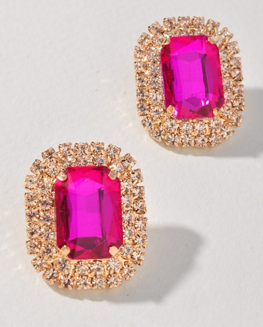 Make a Statement Large Rhinestone Stud Earrings - Fuchsia