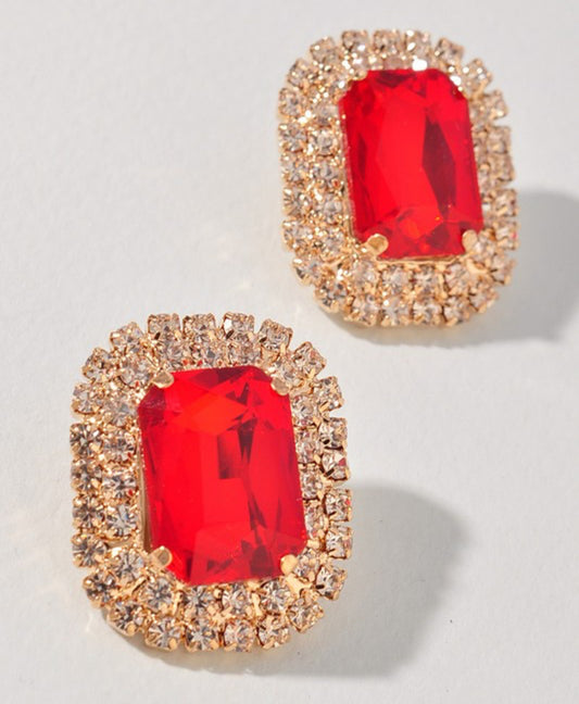 Make a Statement Large Rhinestone Stud Earrings - Ruby Red