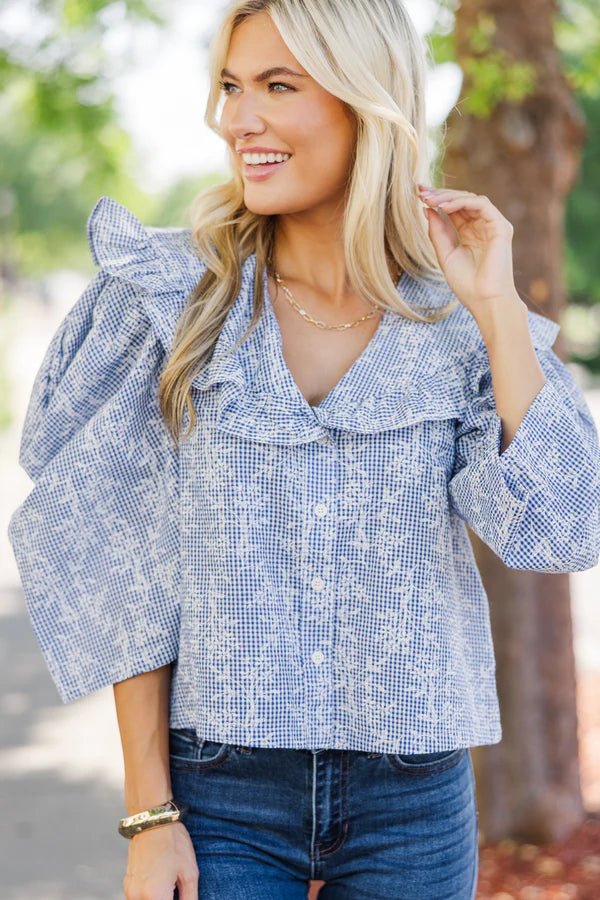 Gingham & Floral Puff Sleeve Button Down