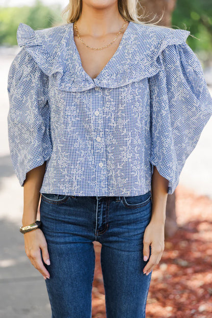 Gingham & Floral Puff Sleeve Button Down