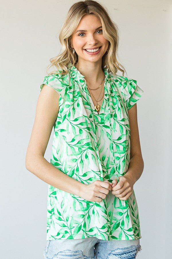 Green Leaf Print Tank Blouse