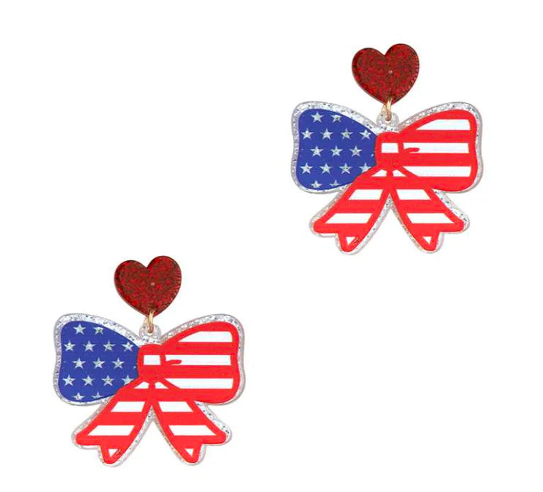 Patriotic Bow & Heart  Dangle Earrings