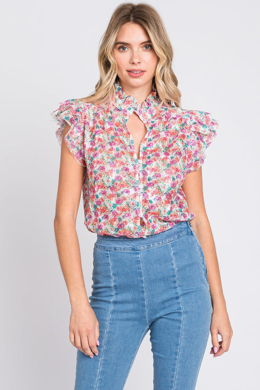 Sara Split Neck Embroidered Floral Sequin Top