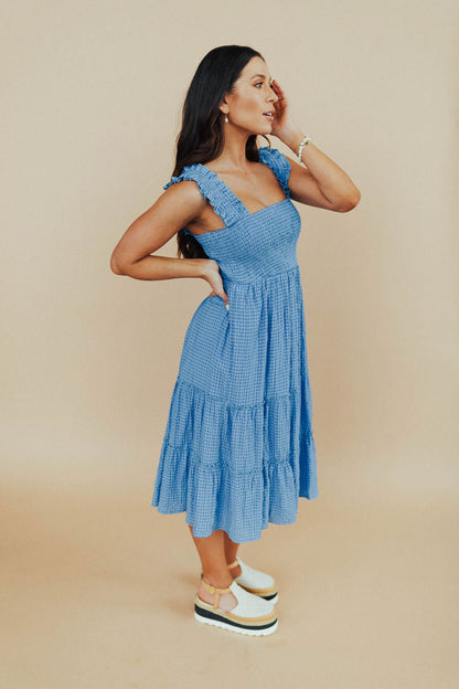 Blue Jacquard Checker Midi Dress