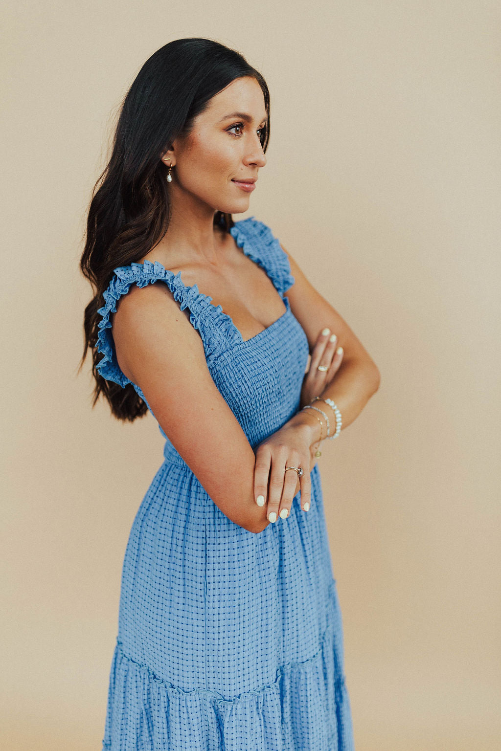 Blue Jacquard Checker Midi Dress