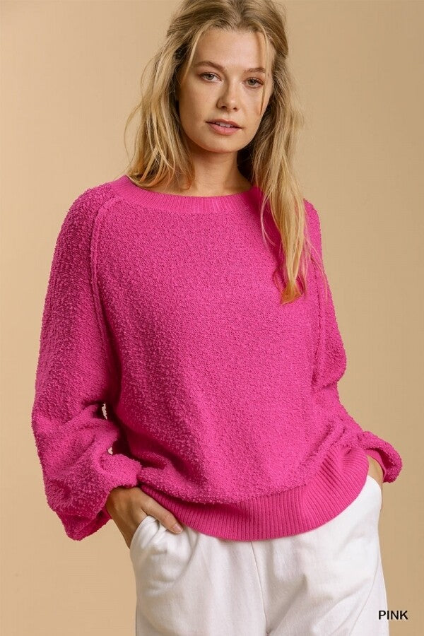 Pink Puff Sleeve Boat Neck Sweater