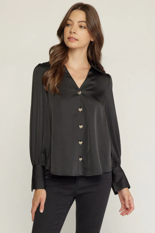 Satin Queen of Hearts Button Down Blouse