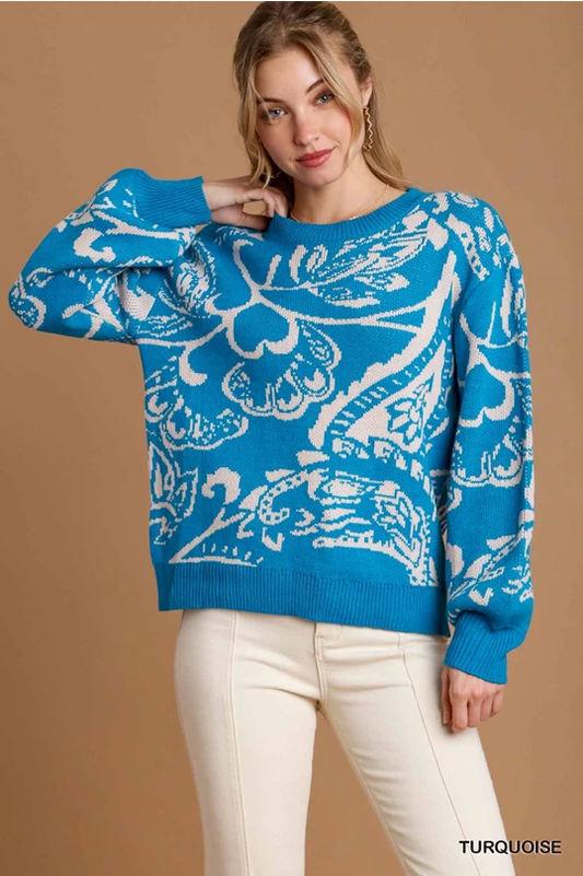 Turquoise Paisley Print Pullover Sweater