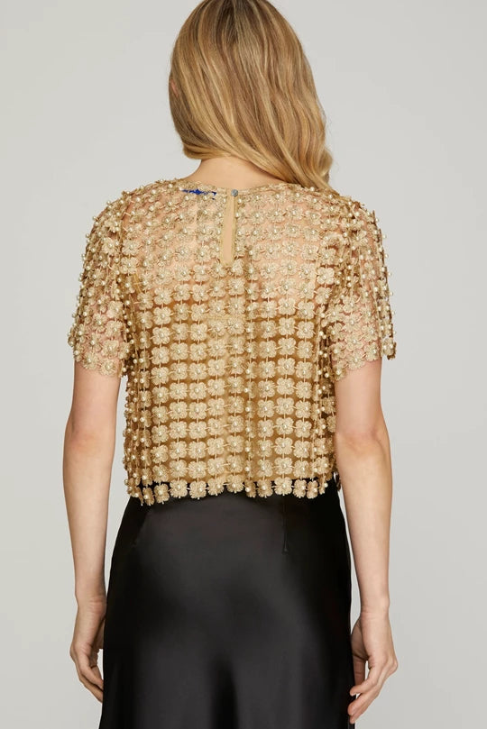 Lux Crop Crochet Pearl Beaded Blouse