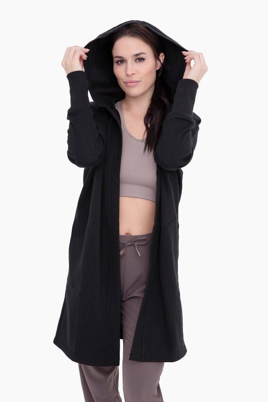 Black Longline Hooded Fleece Lined Cardigan