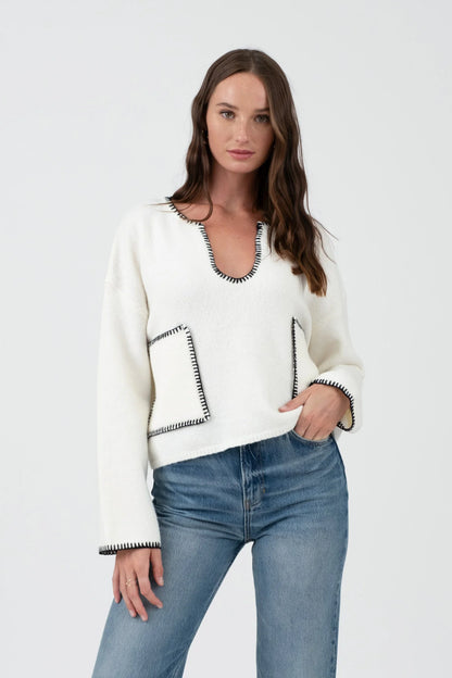 Square Contrast Stitch Pocket Sweater