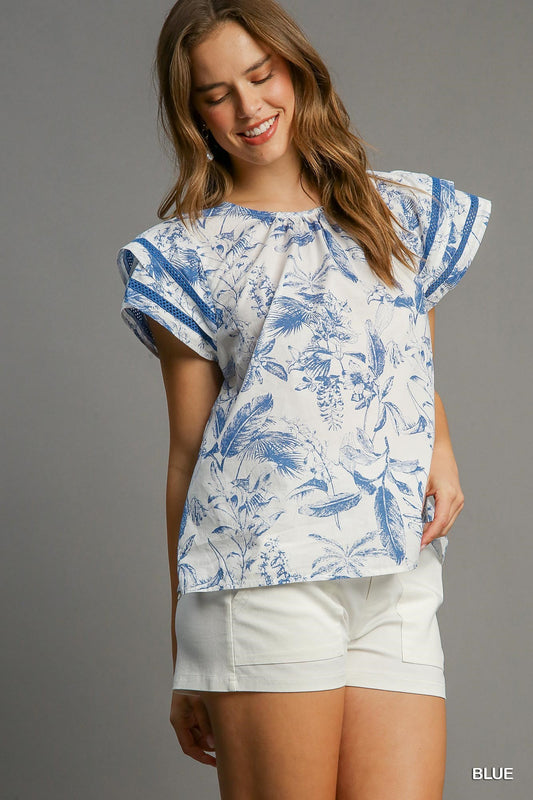 French Blue Toile Print Blouse