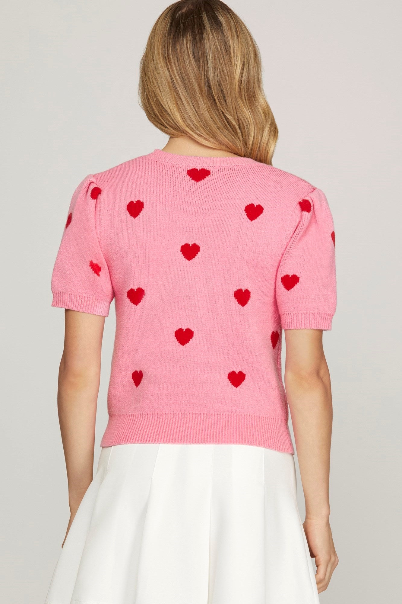 Pink Puff Short Sleeve Heart Sweater