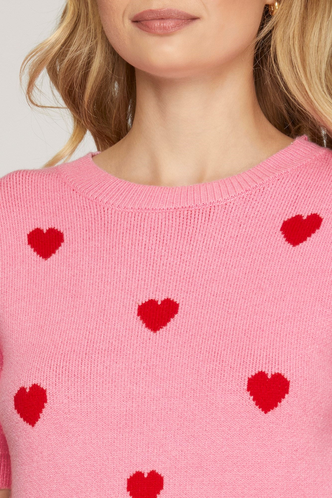 Pink Puff Short Sleeve Heart Sweater