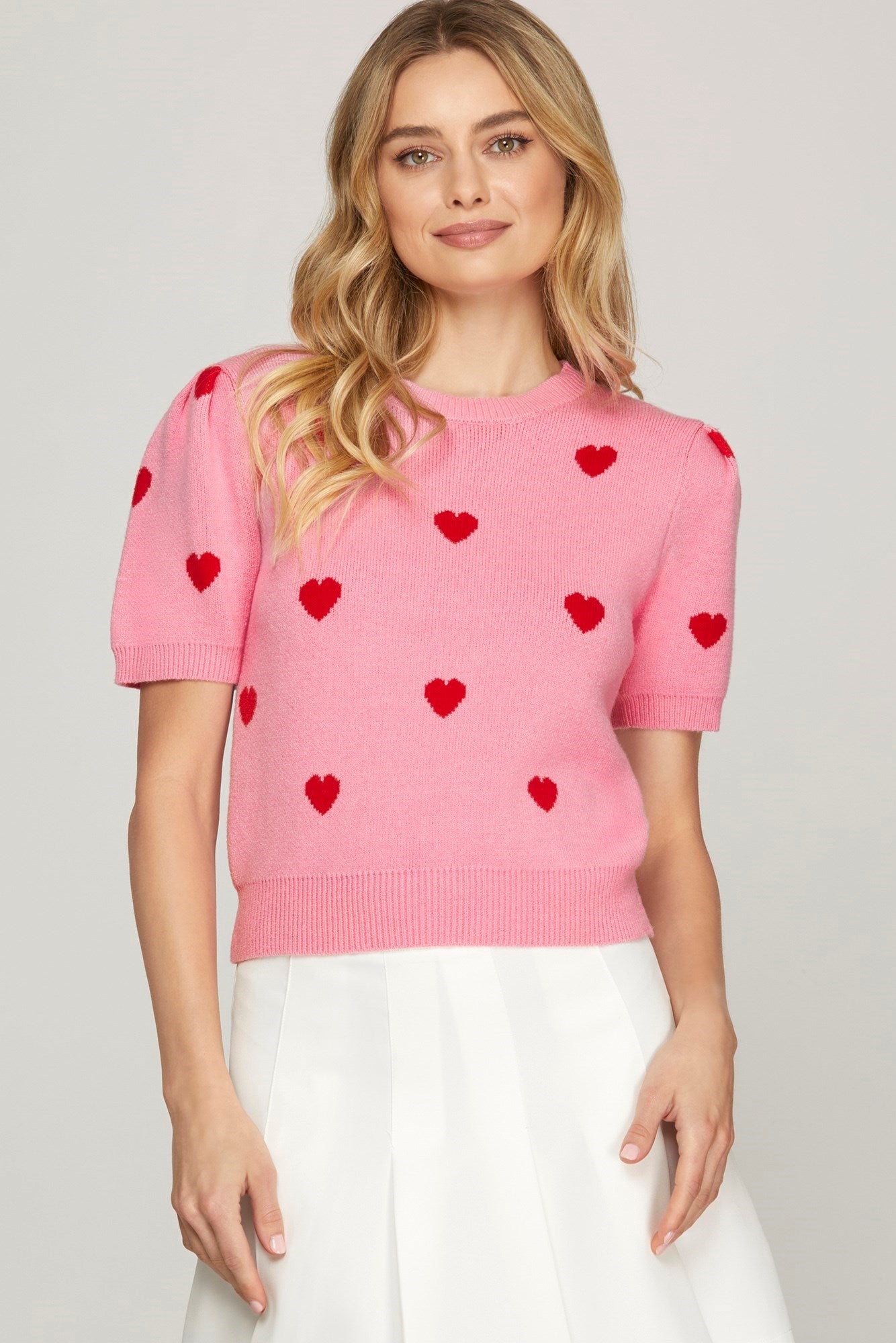 Pink Puff Short Sleeve Heart Sweater