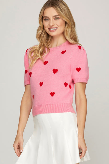 Pink Puff Short Sleeve Heart Sweater