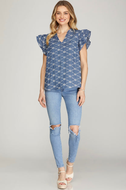 Ruffle Sleeve Embroidered Chambray Top