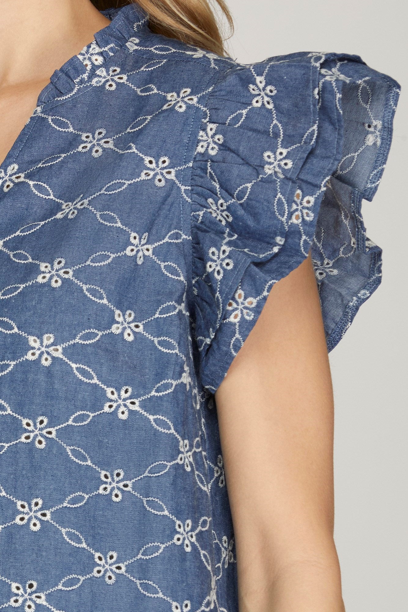 Ruffle Sleeve Embroidered Chambray Top