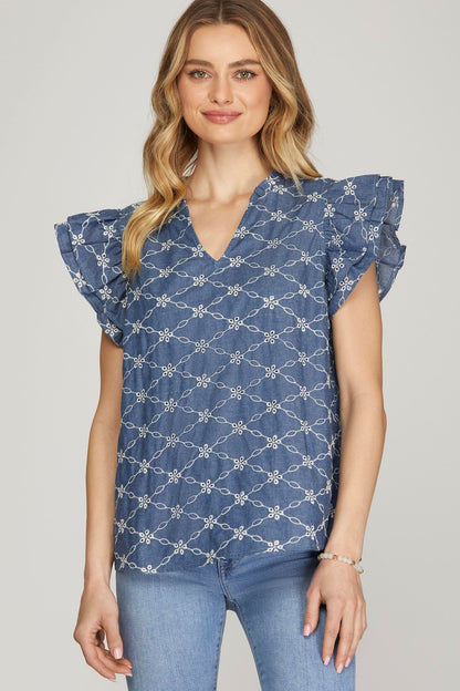 Ruffle Sleeve Embroidered Chambray Top