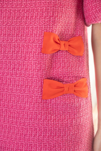 Pink Tweed Bow Ribbon Pocket Dress