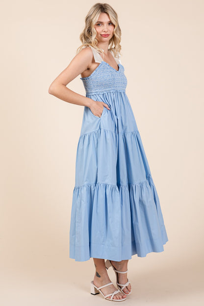 Ribbon Tie Shoulder Strap Maxi Dress - Ice Blue