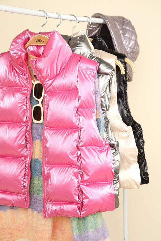 Malibu Barbie Shiny Metallic Zip Up Puffer Vest