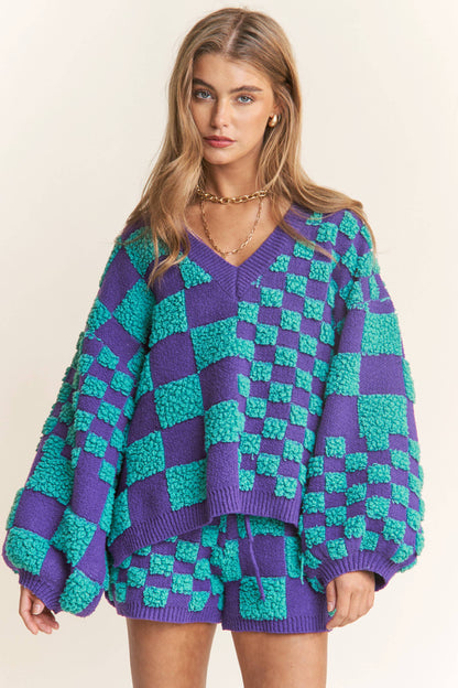 Galaxy Knit Checkered V- Neck Pullover Sweater